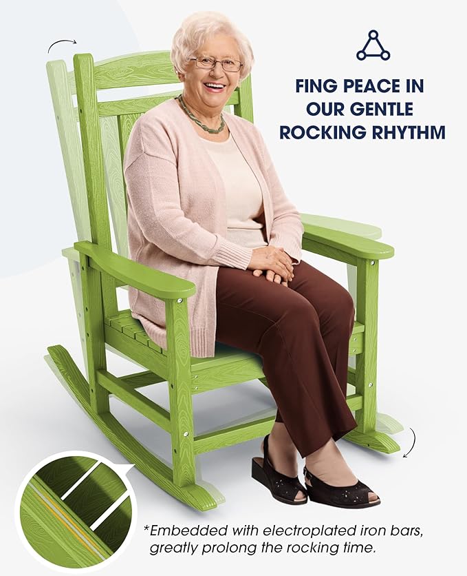 KINGYES Outdoor Rocking Chair Set of 2, High Density Polyethylene Patio Rocking Chairs with 330lbs Support for Adults, Pistachio Green