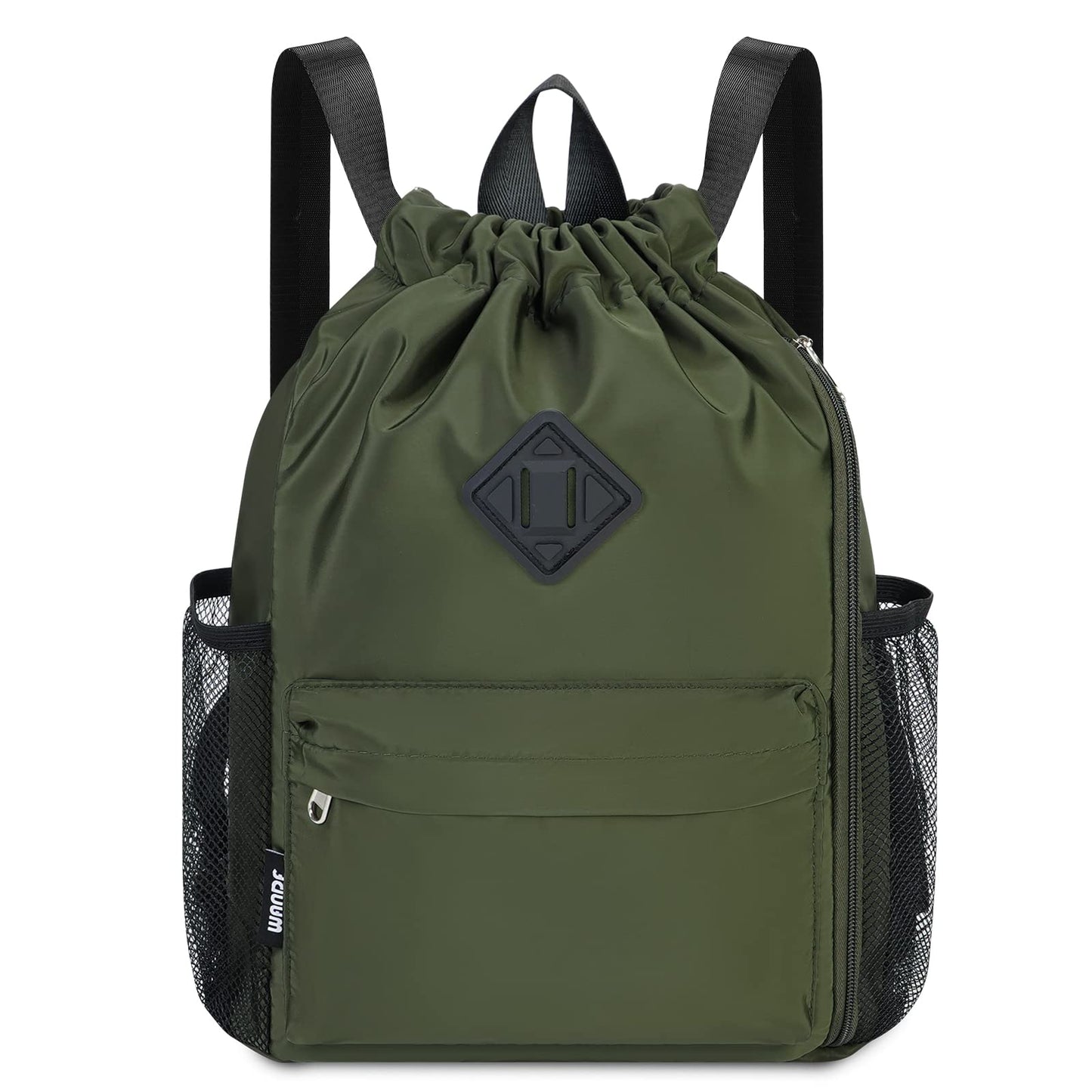 WANDF Drawstring Backpack Sports Gym Bag with Shoes Compartment, Water-Resistant String Backpack Cinch for Women Men (Small,Dark green)