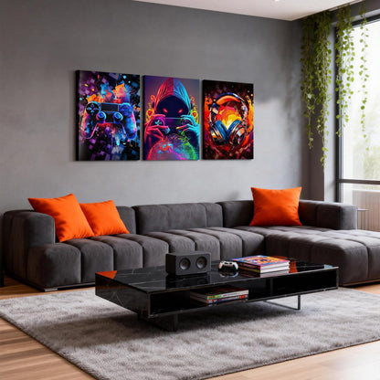 LYYGLYY 3Pcs Framed Cool Gaming Canvas Wall Art, Neon Video Game Printed Wall Art, Gamer Bedroom Artwork for Walls, Dazzling Headset Gamepad Poster Wall Decor for Gaming Room, Boys Room 12x16 Inches