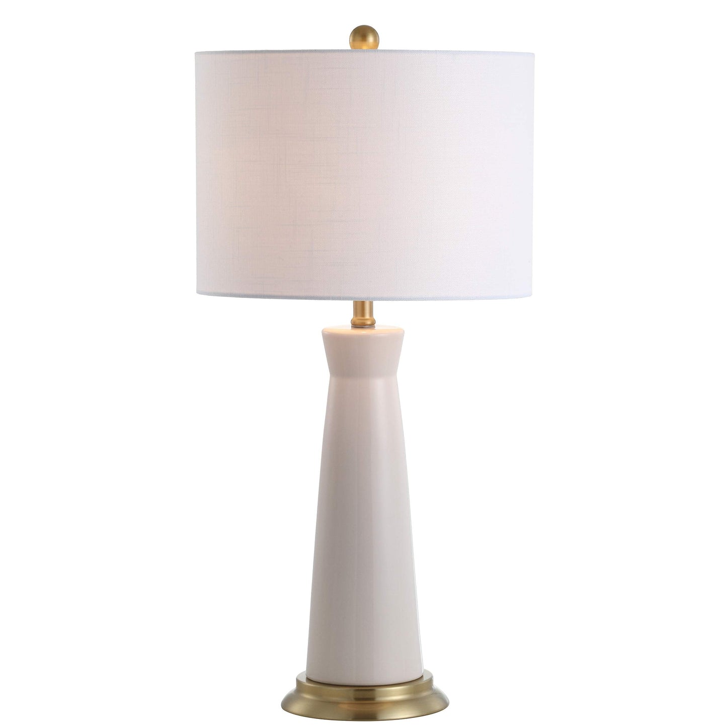 JONATHAN Y 29" Cream Modern Ceramic Column Table Lamp with Brass Gold Base, Elegant Bedside Lamp for Living Room Bedroom Nightstand, White Linen Shade, LED Bulb Included JYL3046A