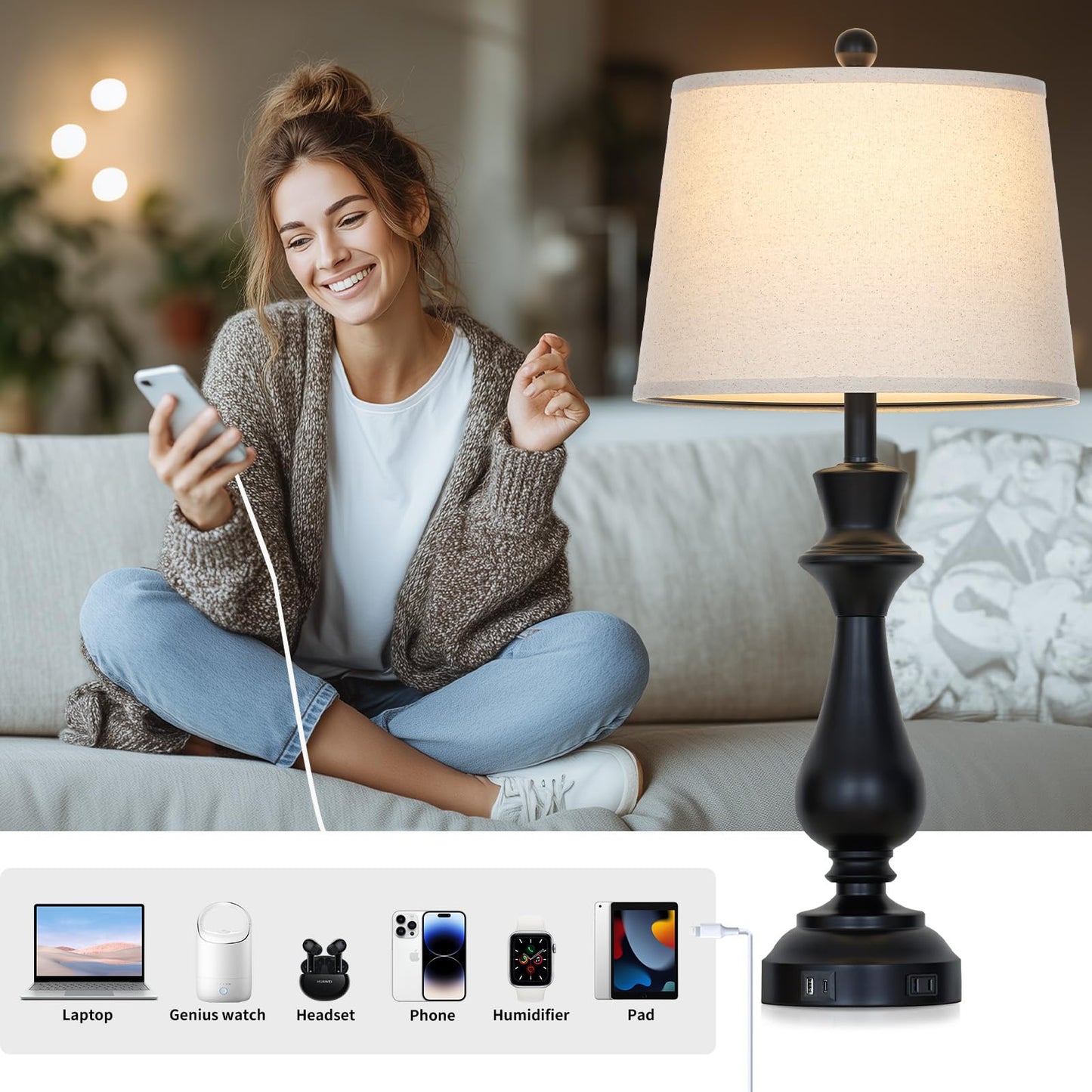 luxeflow Modern Black Table Lamp for Living Room,30" Tall Bedside Lamp with USB Charging Port,3-Way Dimmable Touch Nightstand Lamp for Bedroom Desk Side Table Office,Black-1P