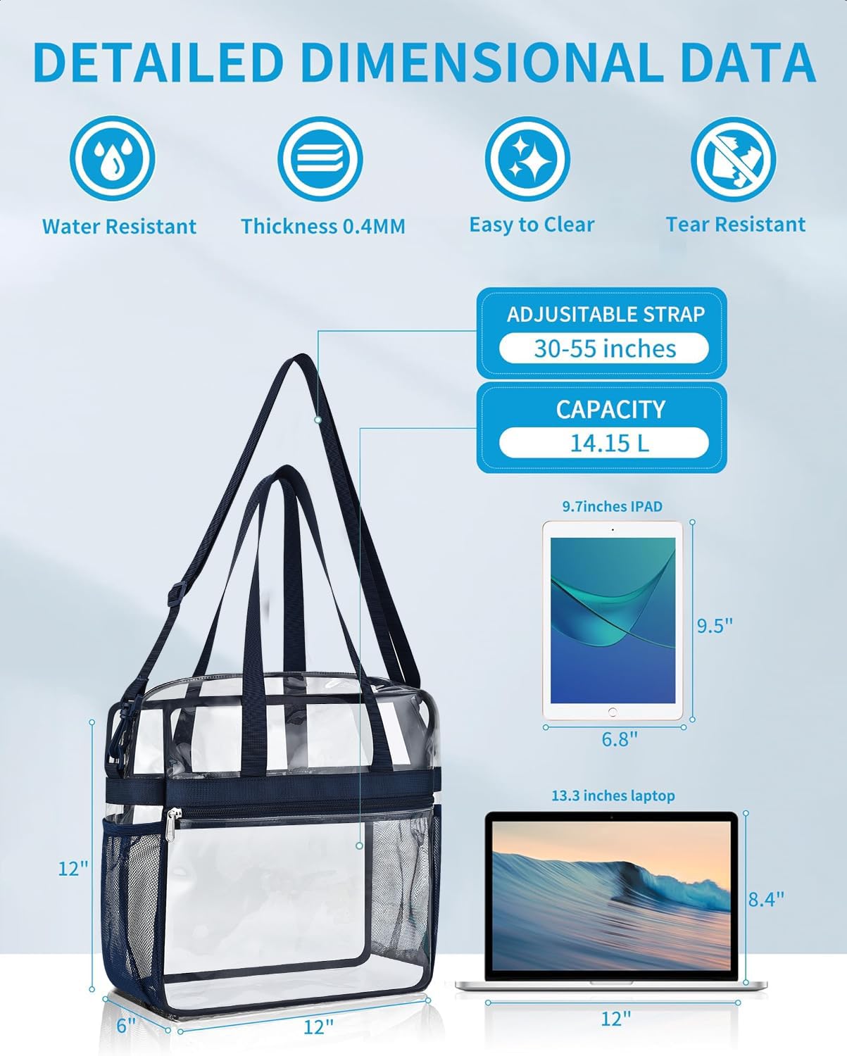 Paxiland Clear Bag for Stadium Events 12x6x12, Clear Tote Bag with Reinforced Strap, Transparent Bag for Sports Concert - Navy