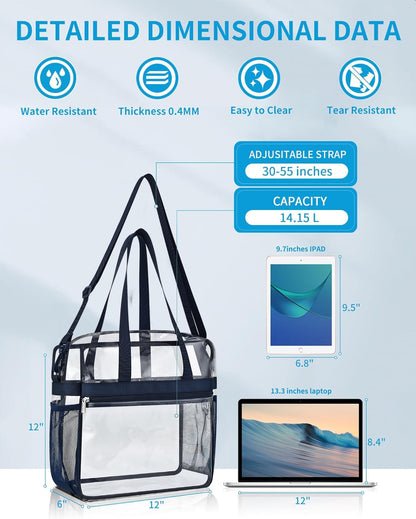 Paxiland Clear Bag for Stadium Events 12x6x12, Clear Tote Bag with Reinforced Strap, Transparent Bag for Sports Concert - Navy