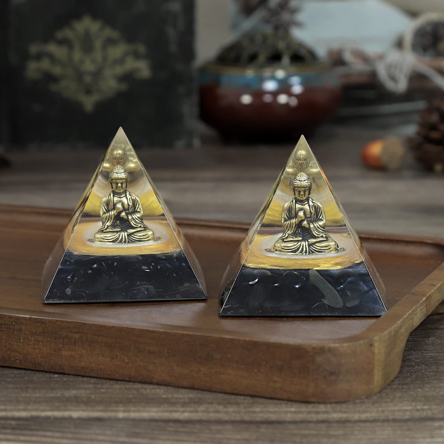 Rockcloud Buddha Statue Orgone Pyramid, Obsidian Crystal Energy Generator Orgonite Pyramid Figurine Home Office Desktop Decor for Wealth Good Luck, Black