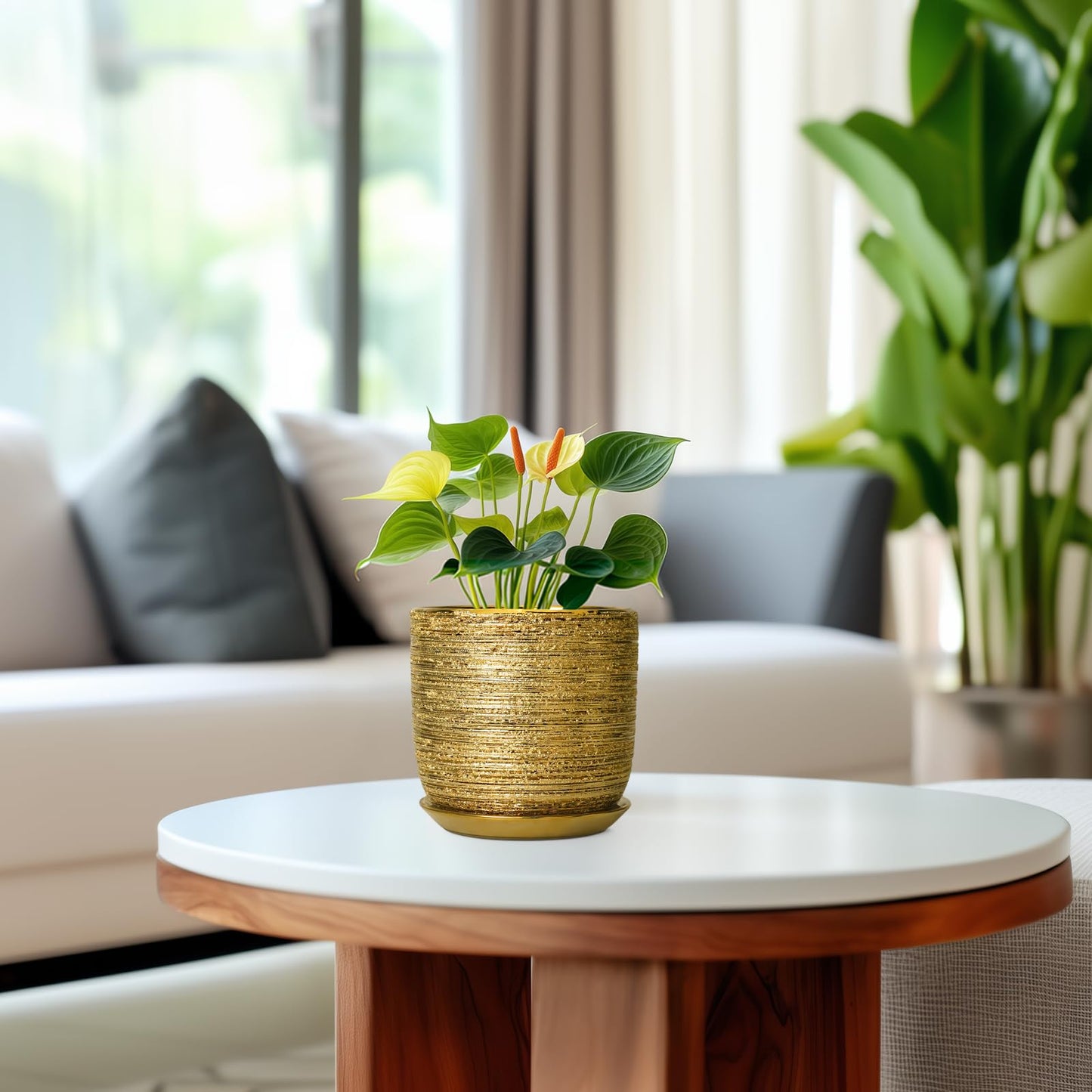 SUNPOTFOR Succulent Pot 5 Inch - Ceramic Plant Pot for Indoor Flowers, Decorative Round Indoor Planter with Drainage Hole and Saucer, Plant Lover Gifts, Patio Office Home Room Decor, Gold