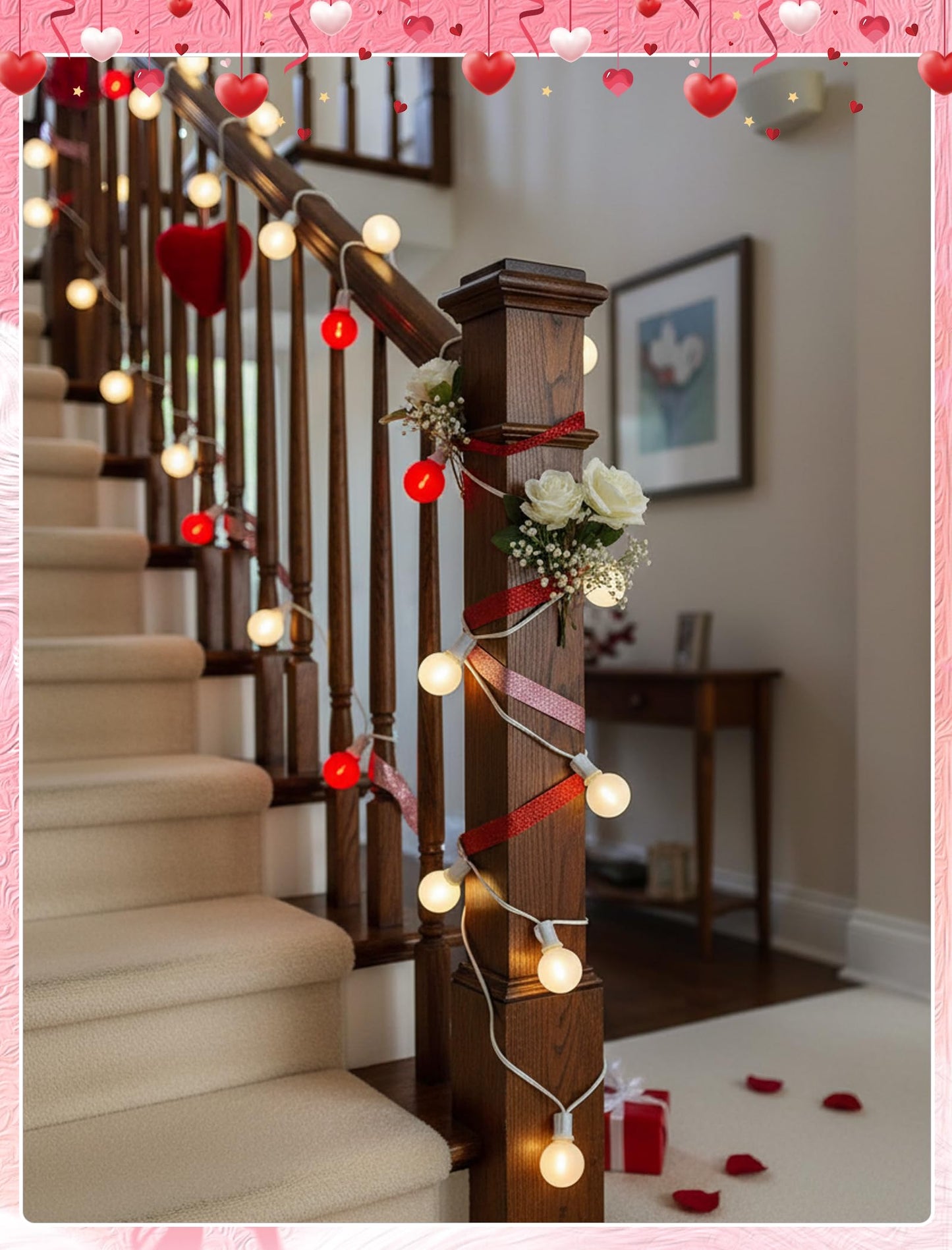 25FT LED Valentine’s Day String Lights, 25 G40 Valentines Decoration Lights Outdoor with Frosted Red White Bulbs, Hanging Patio Lights Shatterproof for 4th of July Independence Day Patriotic Party