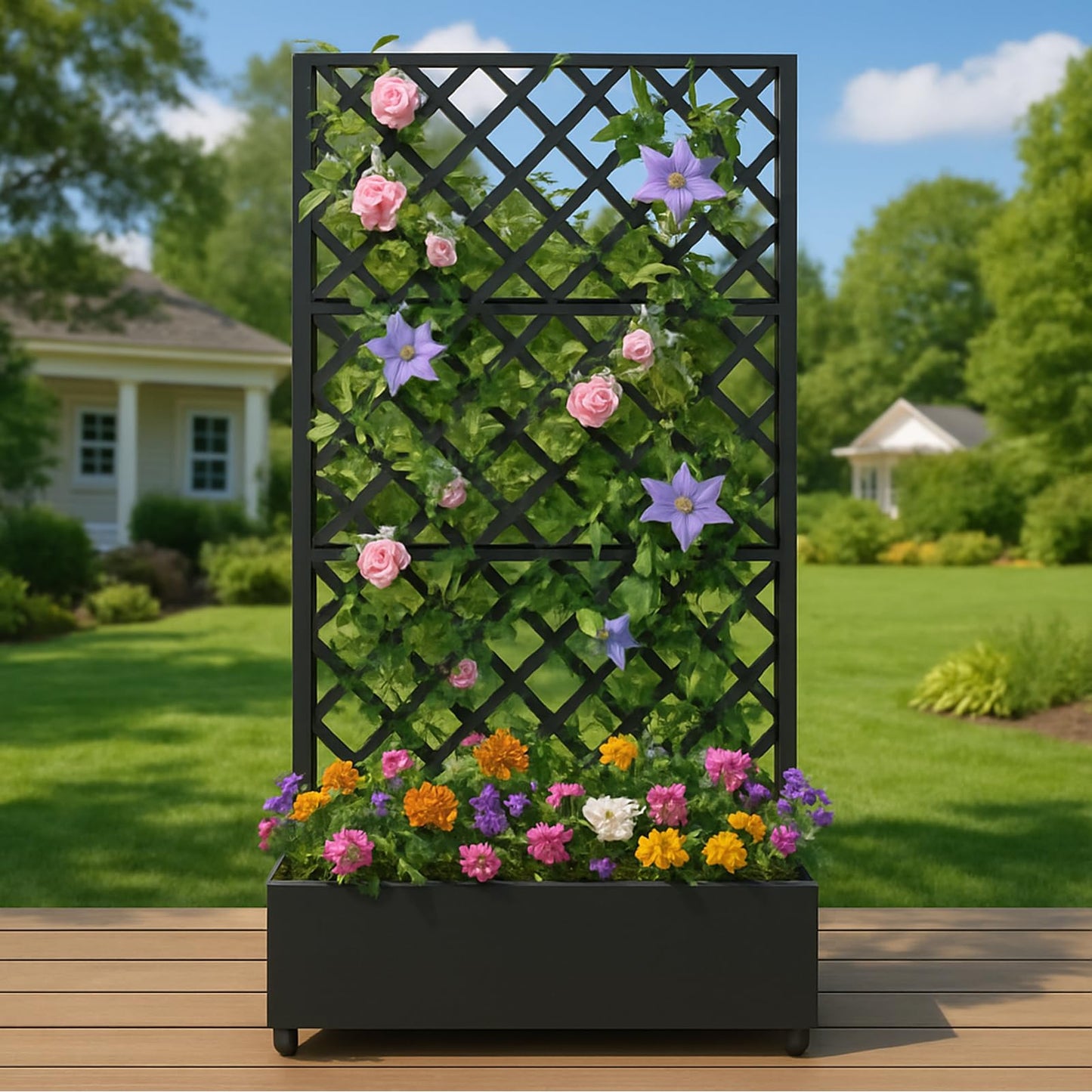 EcoSummer Metal Planter Box, with Diamond Lattice Trellis, 72"x35", Galvanized Raised Garden Bed on Wheels for Climbing Plants, Black