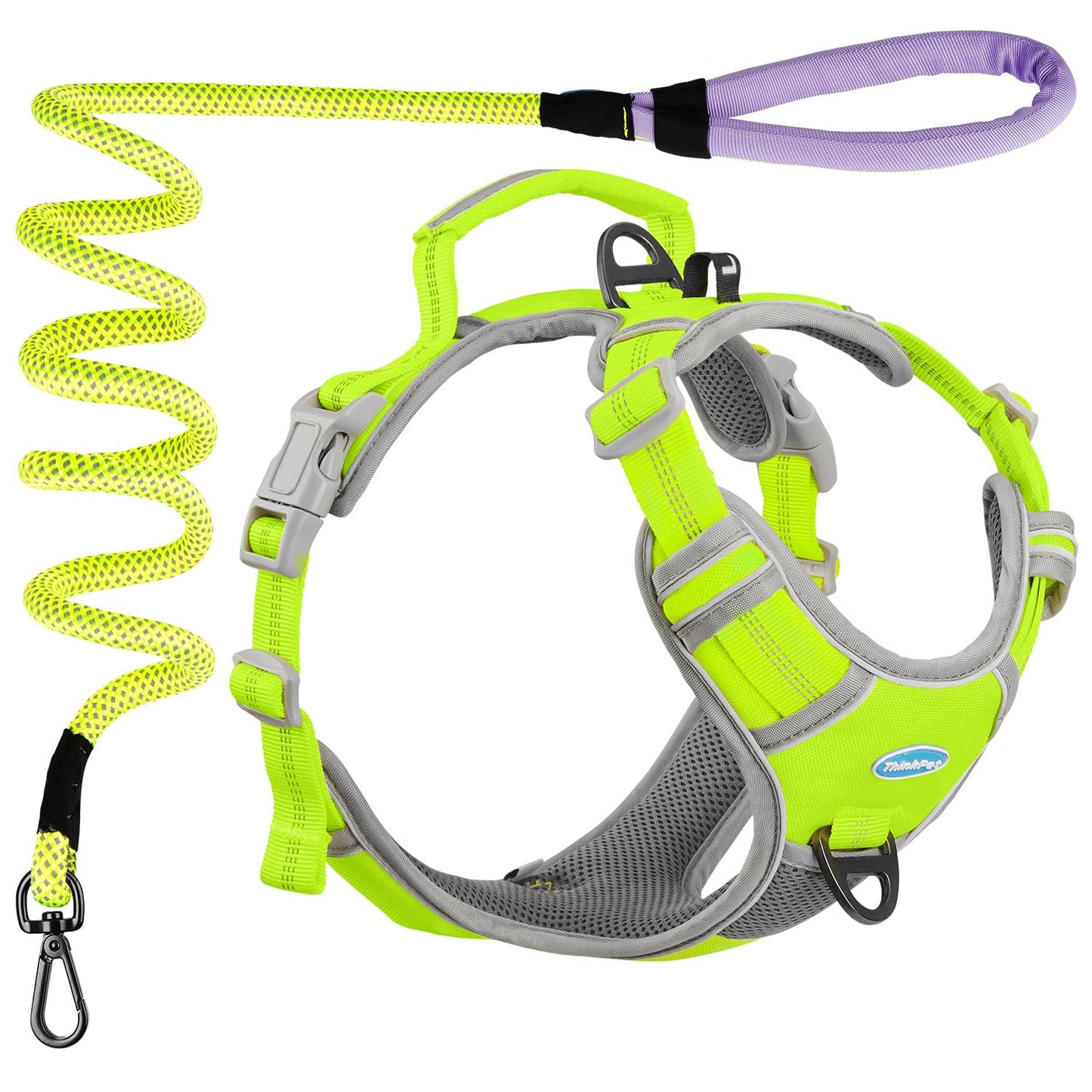 ThinkPet No Pull Harness Set Breathable Sport Harness with Handle - Reflective Padded Dog Safety Vest with Reflective Neon Dog Leash M Harness Leash Pack Green