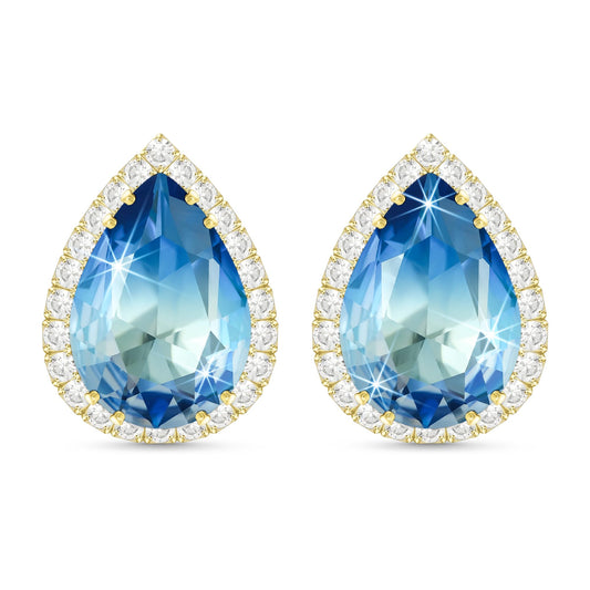 Linawe Aquamarine Blue Stud Earrings for Women Trendy, 14K Gold Cubic Zirconia Earrings Studs, Imitation Diamond Rhinestone Crystal Iridescent Cute Earrings Piercing Jewelry Set