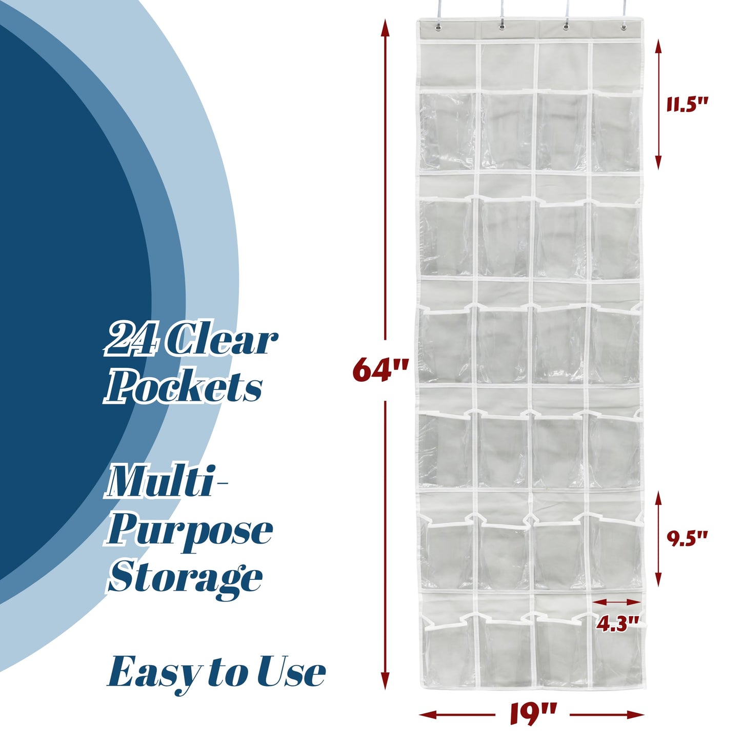 Simple Houseware 24 Pockets - Crystal Clear Over The Door Hanging Shoe Organizer, Gray (64'' x 19'')