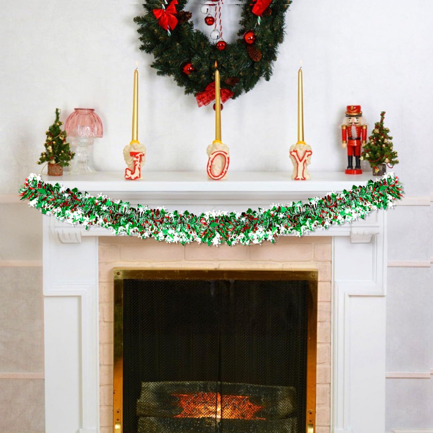50Ft Tinsel Garland Christmas Tree Decorations,Xams Twist Garland with Snowflake Tree for Stairs Railing Mantle Indoor Outdoor Holiday Home Red Green White
