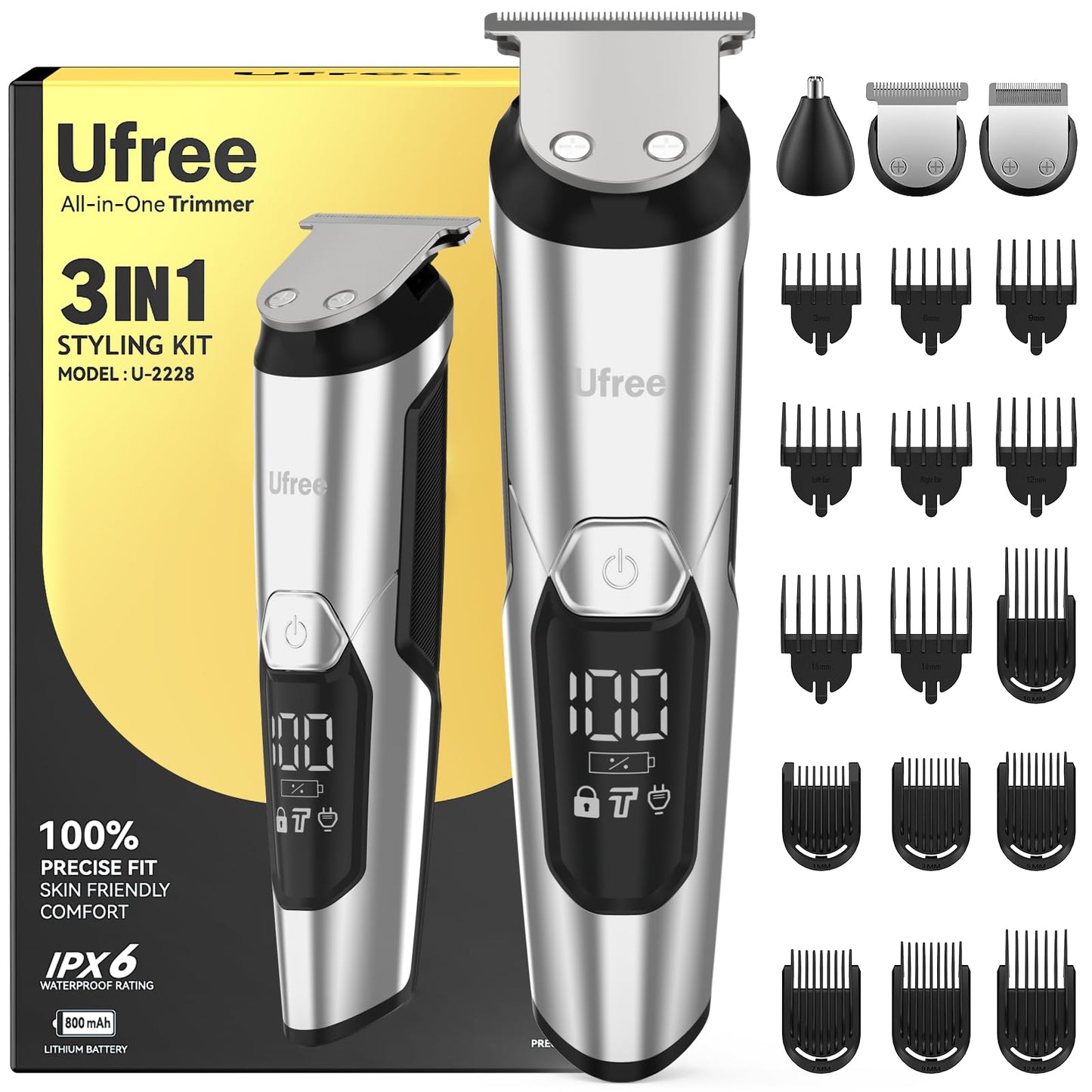 Ufree 3-in-1 Beard Trimmer Kit, Men's Electric Shaver Razor for Mustache Body Nose Facial Hair, Professional Hair Trimmer, Rechargeable Clippers, Waterproof Beard Grooming, Birthday Gifts for Men