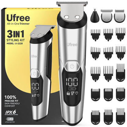 Ufree 3-in-1 Beard Trimmer Kit, Men's Electric Shaver Razor for Mustache Body Nose Facial Hair, Professional Hair Trimmer, Rechargeable Clippers, Waterproof Beard Grooming, Birthday Gifts for Men