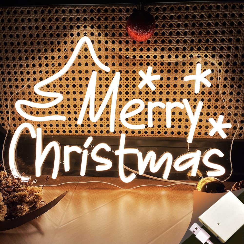 Merry Christmas Neon Signs USB&Battery Operated LED Chrismas Neon Lights for Christmas Decoration Xmas Light Up Sign for Living Room Bar Bedroom Gifts