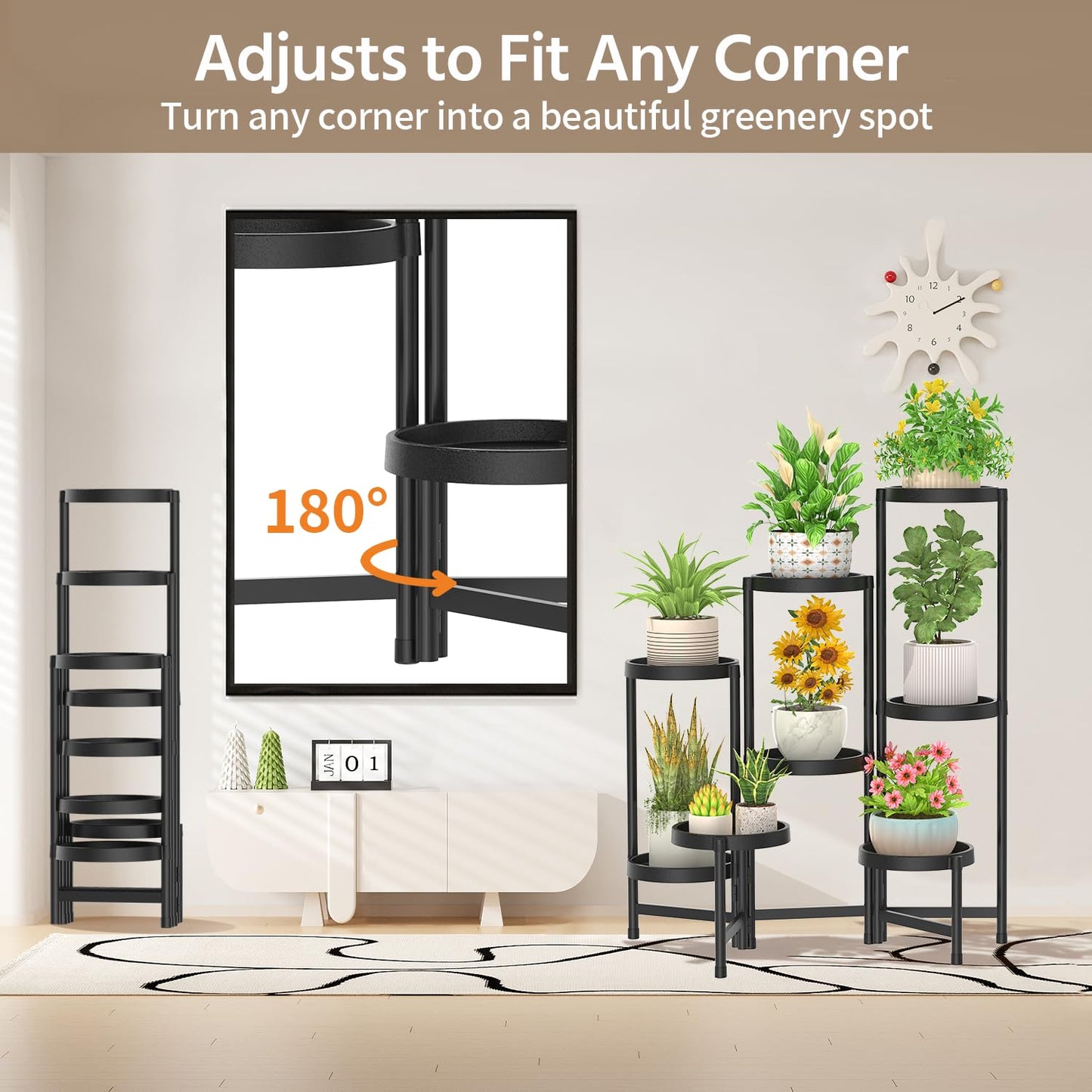 LASZOLA 8 Tiered Plant Stand Indoor Outdoor with Plastic Tray, Corner Folding Tall Flower Display Rack, Modern Plant Holder Shelf for Outdoor Patio Porch Garden Office Living Room, Black