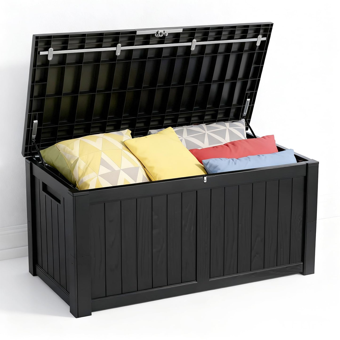 Zapdos Outdoor Storage Box, 120 Gallon Deck Box with Stainless Steel Rods, Waterproof Large Resin Storage Bin for Patio Cushions Garden Tools, Lockable Outside Storage Box, Black