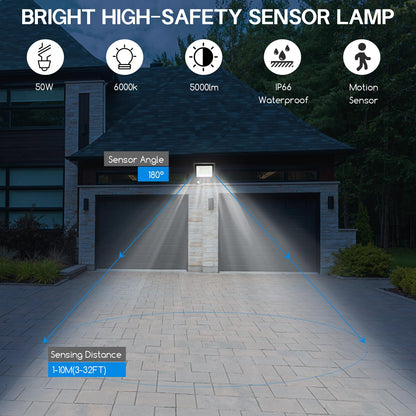 Jsdoin 50W Security Lights Outdoor Motion Sensor 4500 Lumen PIR Security Light 6500K LED Floodlights IP66 Waterproof Outside Daylight Wall Light with 2M Cable for Garage Garden Hallway Backyard