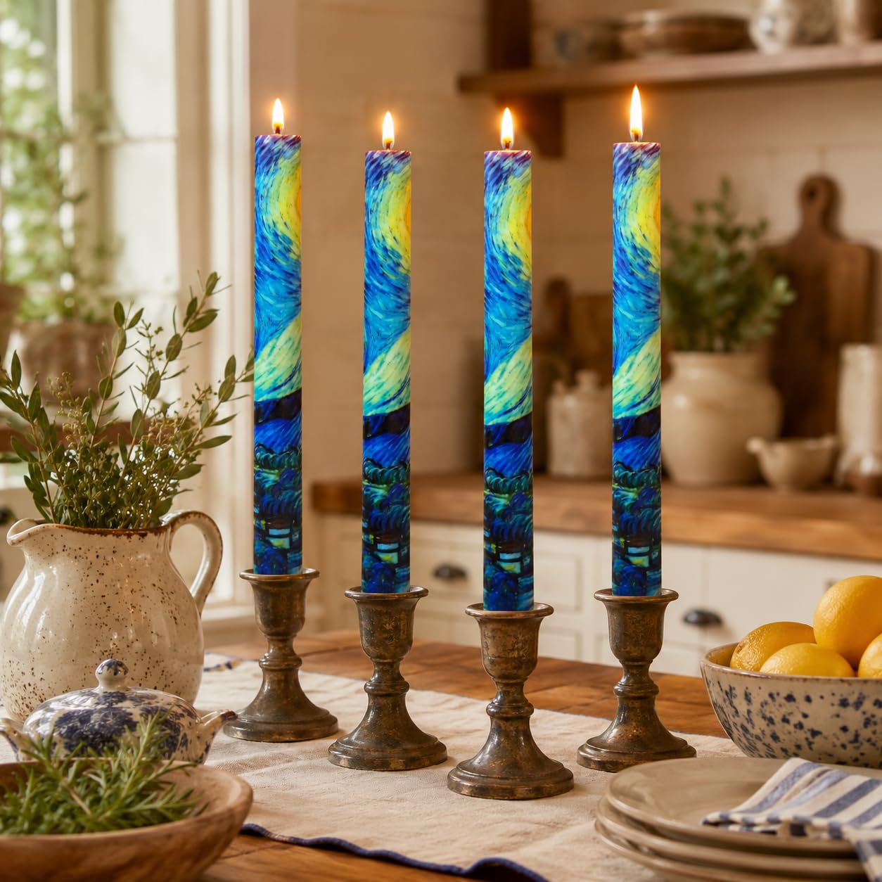 SEUCRWAX 10 Inch Flameless Taper Candles,LED Candlesticks Battery Operated with 10-Key Remote and Timer,4p Flame Lights for Wedding Decoration Party(Starry Sky)