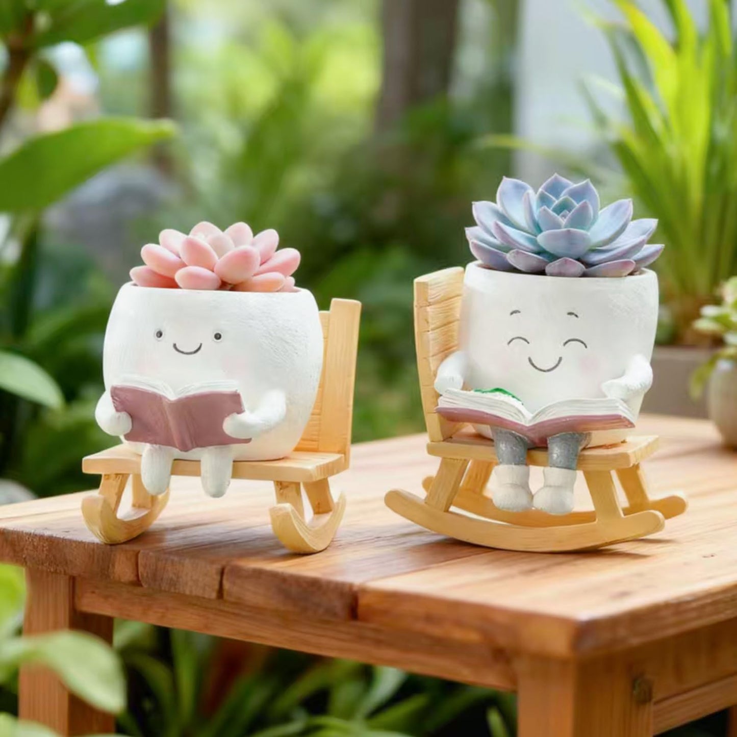 Yhupl Adorable Smiley Face Reading Flower Pot, Unique Rocking Chair-Style Resin Plant Pot with Drainage Holes, Suitable for Indoor/Outdoor Planting and Home Decor (A)