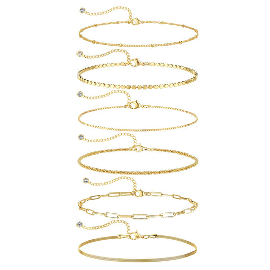 DEARMAY Dainty Gold Plated Bracelets for Women Trendy Waterproof 14K Gold Jewelry Sets Fashion Stackable Rope Box Herringbone Paperclip Chain Link Bracelet Pack Stack Gifts for Womens