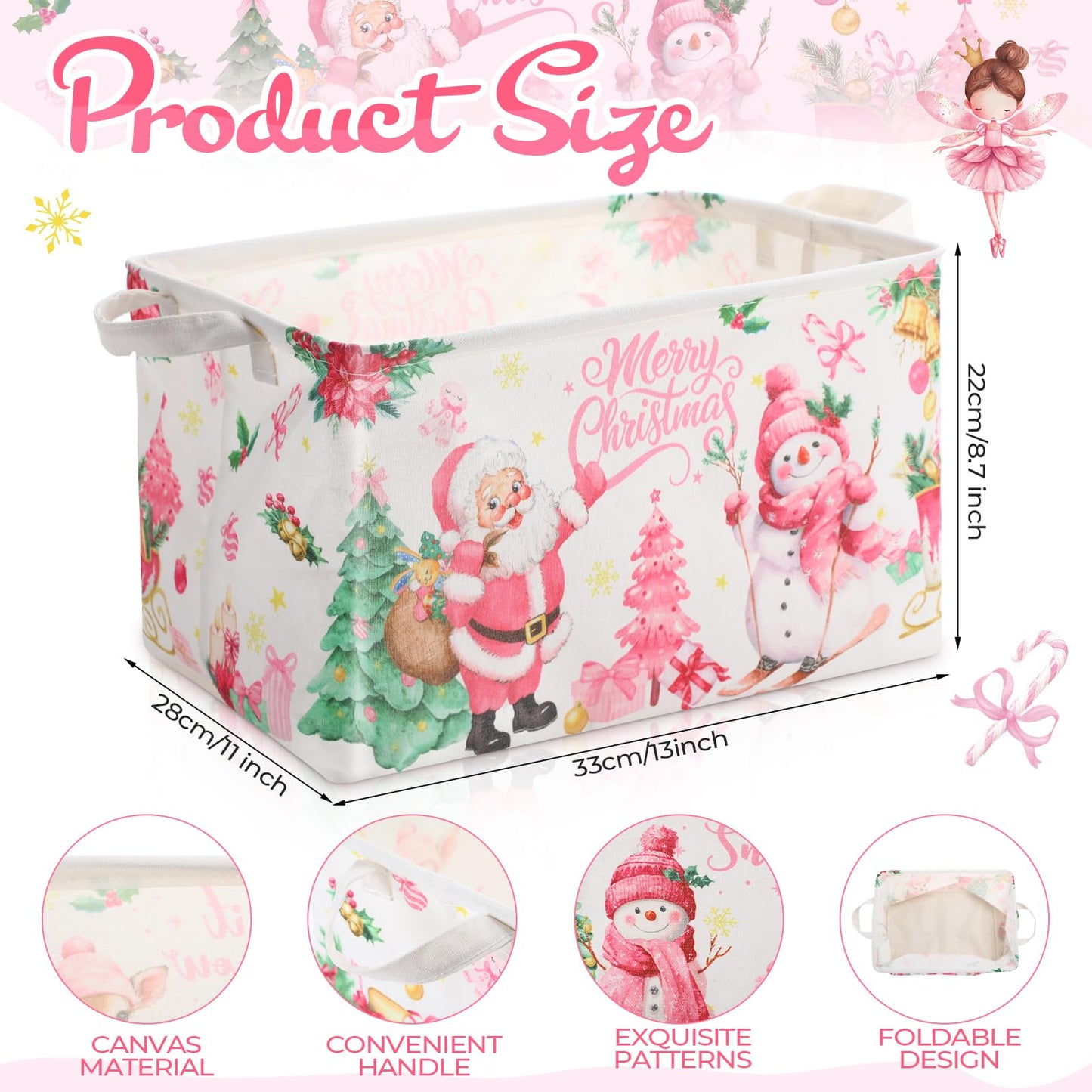 FoldTier 3 Pcs Pink Christmas Baskets Large Christmas Gift Storage Basket with Handles Foldable Snowman Santa Nutcracker Storage Bins Empty Collapsible Holiday Cube Box for Xmas Gifts Toy Clothes Book