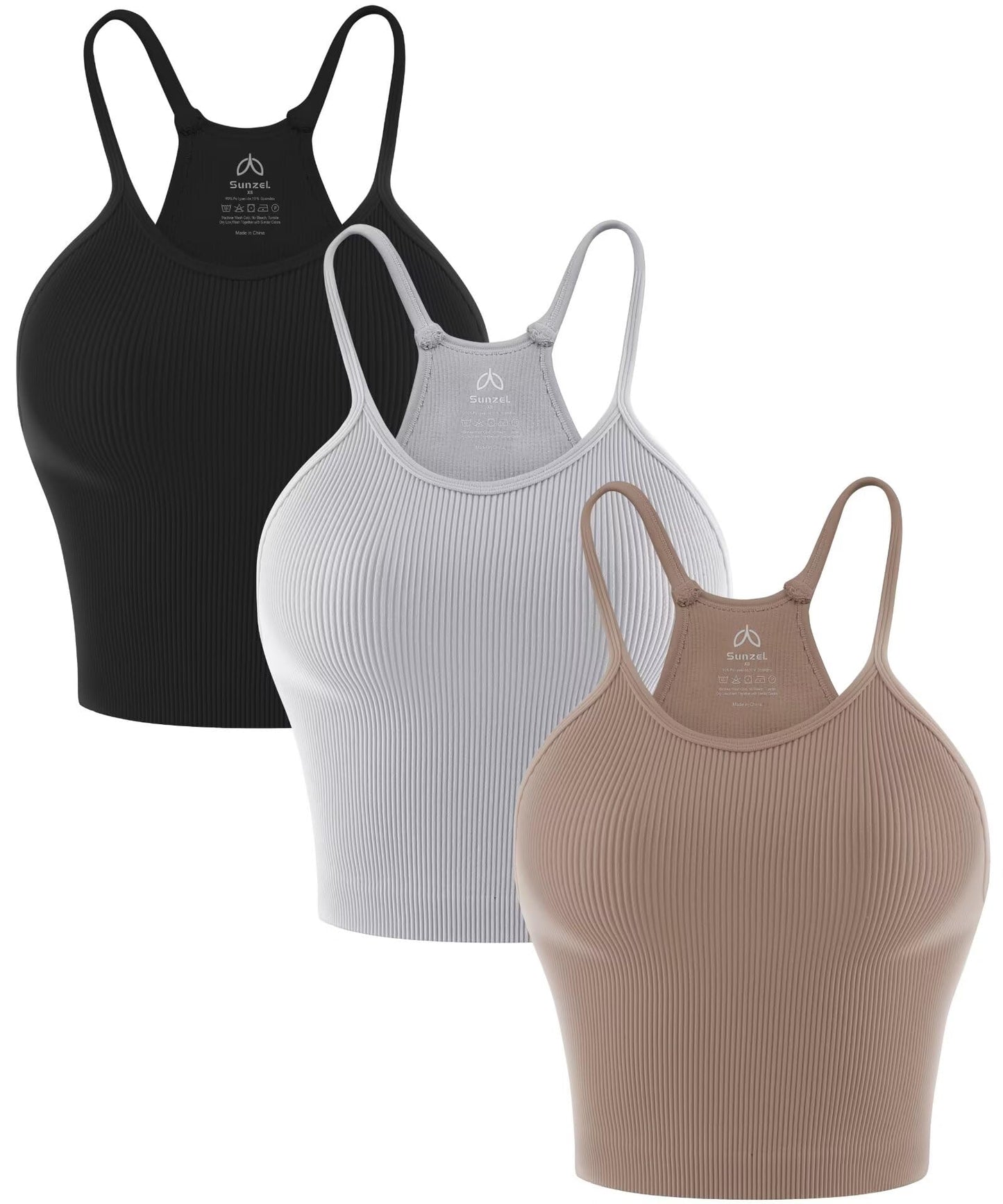 Sunzel Free to Be Tank, Ribbed Crop Tops for Women Summer Tank Tops Cute No pad Racerback Camisole Cropped Workout Gym Yoga Black Brown Grey(3pcs) M