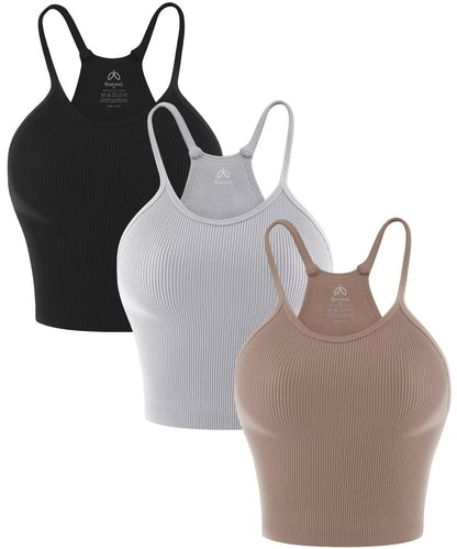 Sunzel Free to Be Tank, Ribbed Crop Tops for Women Summer Tank Tops Cute No pad Racerback Camisole Cropped Workout Gym Yoga Black Brown Grey(3pcs) M