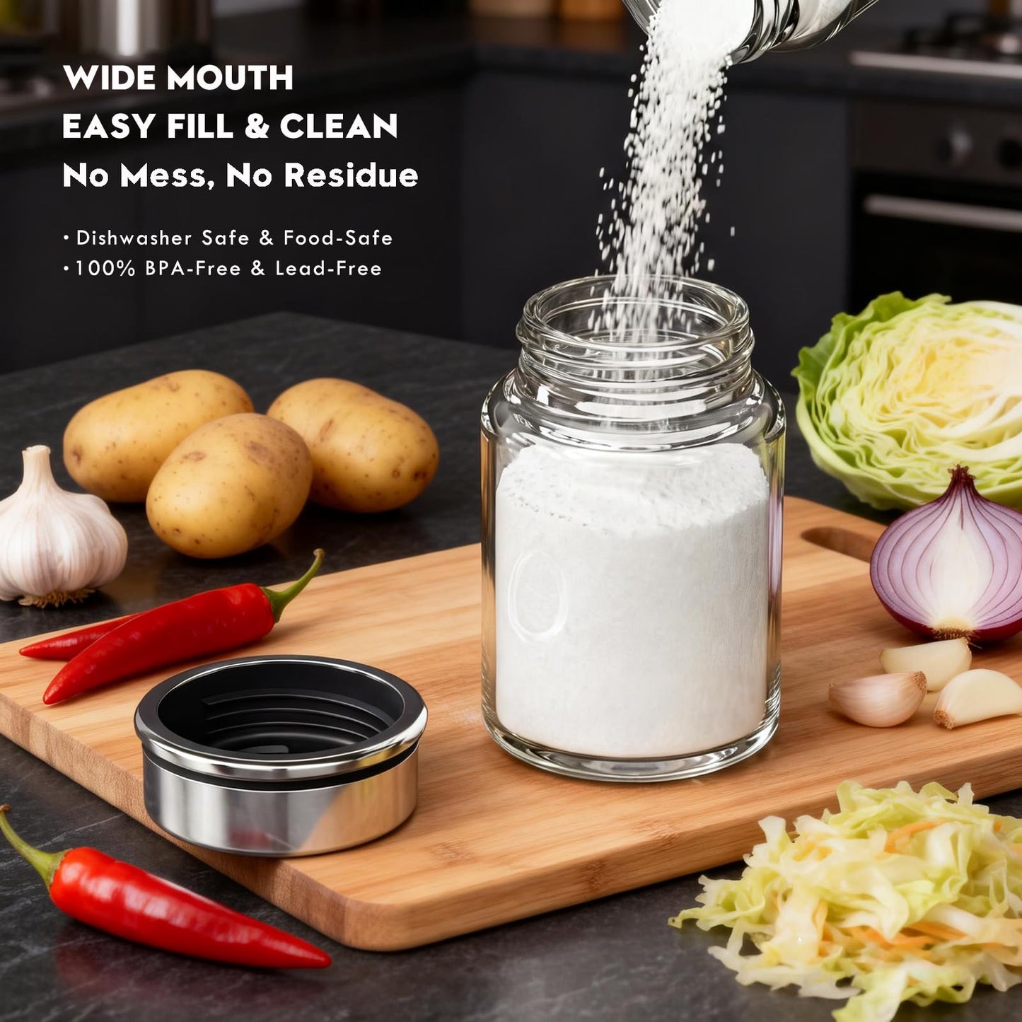 Shatterproof Glass Salt and Pepper Shakers Set Leak & Moisture Proof - 4 Adjustable Holes Precision Control - 5oz Borosilicate Glass Sugar & Spice Jars with Stainless Lid, Wide-Mouth, Dishwasher Safe