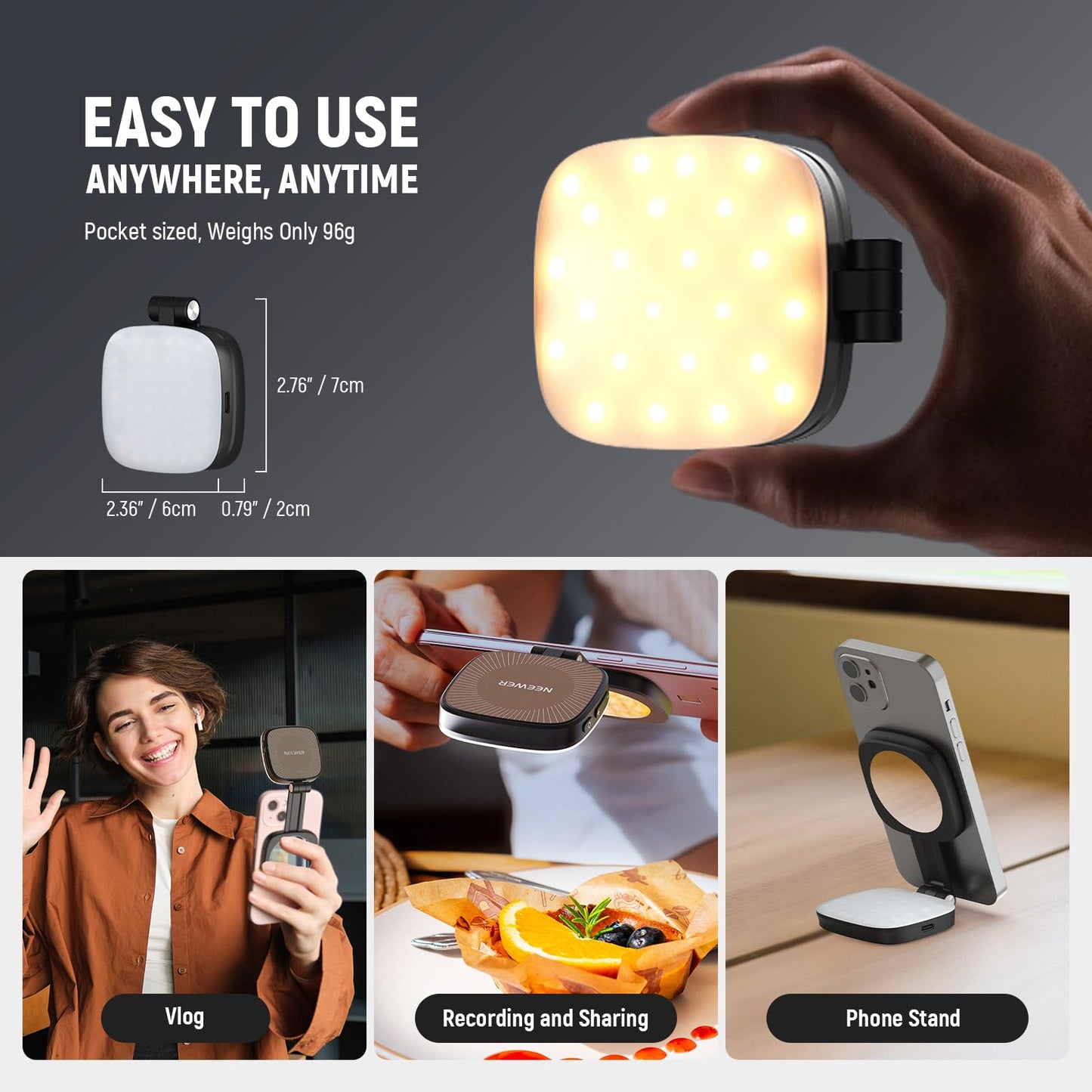 NEEWER BASICS Magnetic Selfie Light Compatible with MagSafe iPhone,CRI95 700lx/0.3m Folding LED Phone Fill Ring Lighting with Mirror for Zoom Makeup Photography Recording Video Conference, Black NL48B