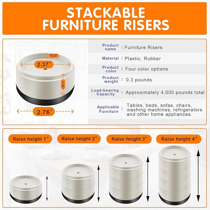 Furniture Risers Bed Risers Heavy Duty 1 inch, 2 inch, 3 inch, 4 inch Round