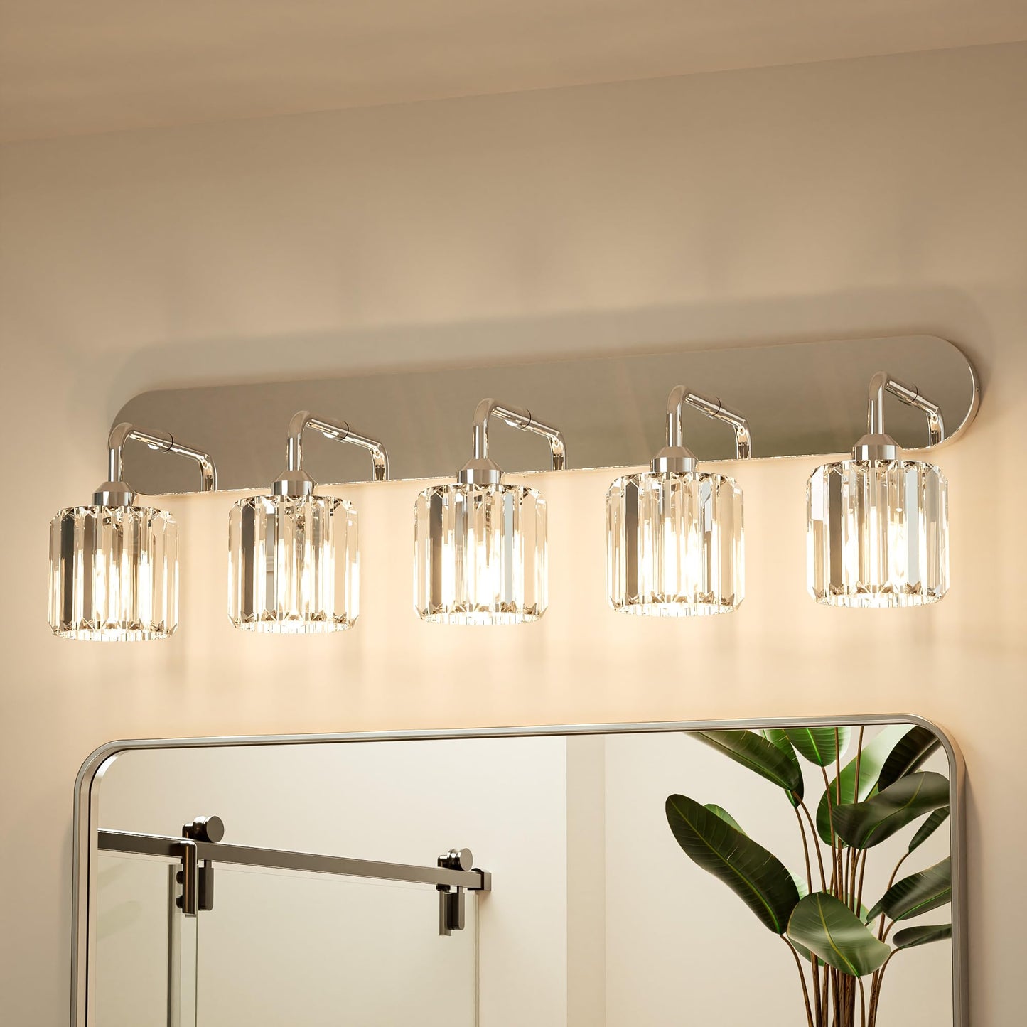 Keonjinn 5-Light Bathroom Light Fixtures, Crystal Chrome Bathroom Vanity Lights Over Mirror, Vanity Lighting Fixtures with Crystal Square Shades (E26 Socket, Exclude Bulb)