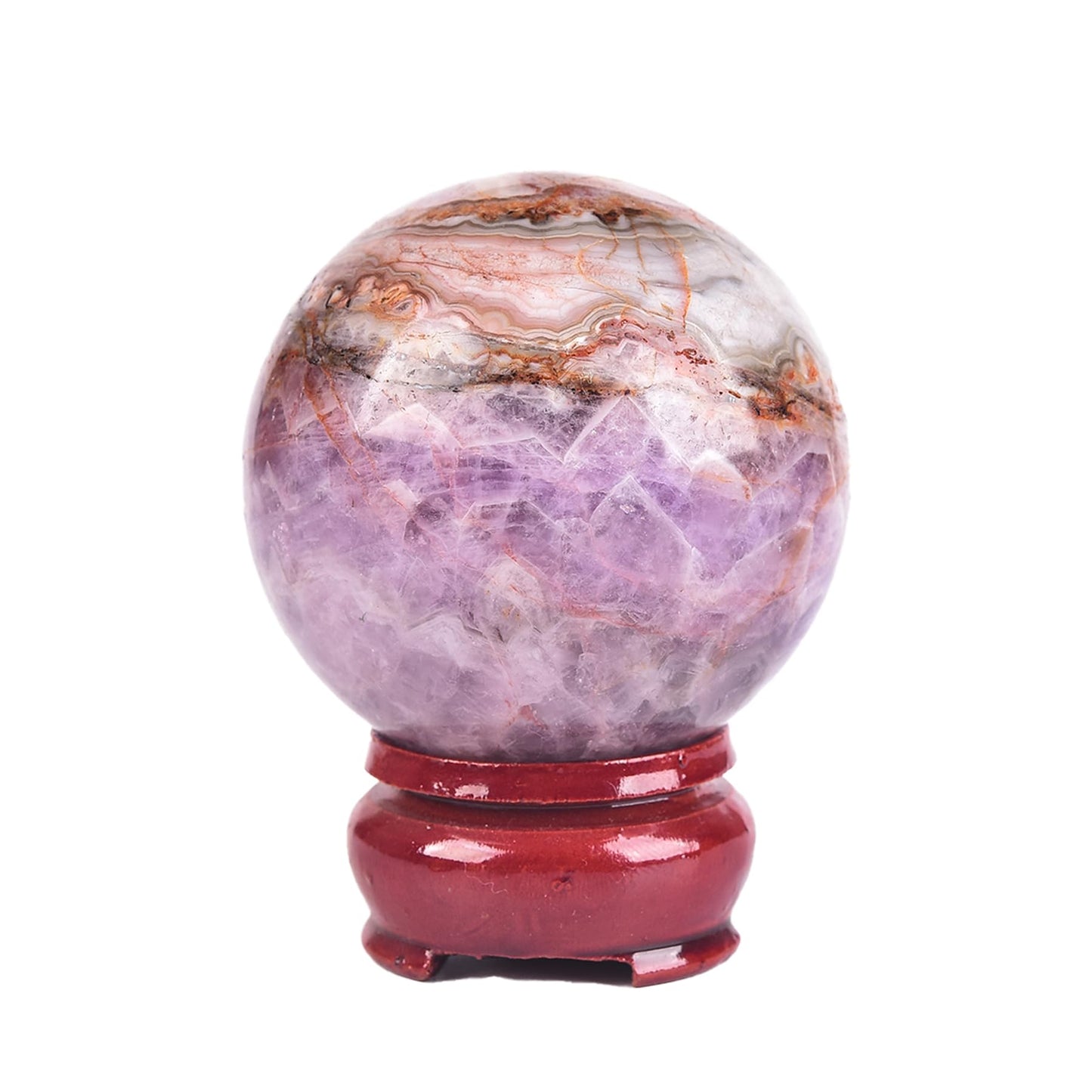 JIC Gem Amethyst Agate Crystal Ball with Wooden Stand Pink Healing Crystal Sphere Ball for Feng Shui Decor Spiritual Gifts 60-70mm