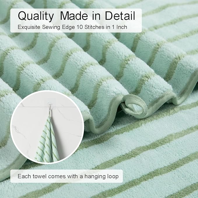 Oliven 8 Pcs Green Cabana Stripe Large Bath Towel Set Oversized Bath Sheet-2