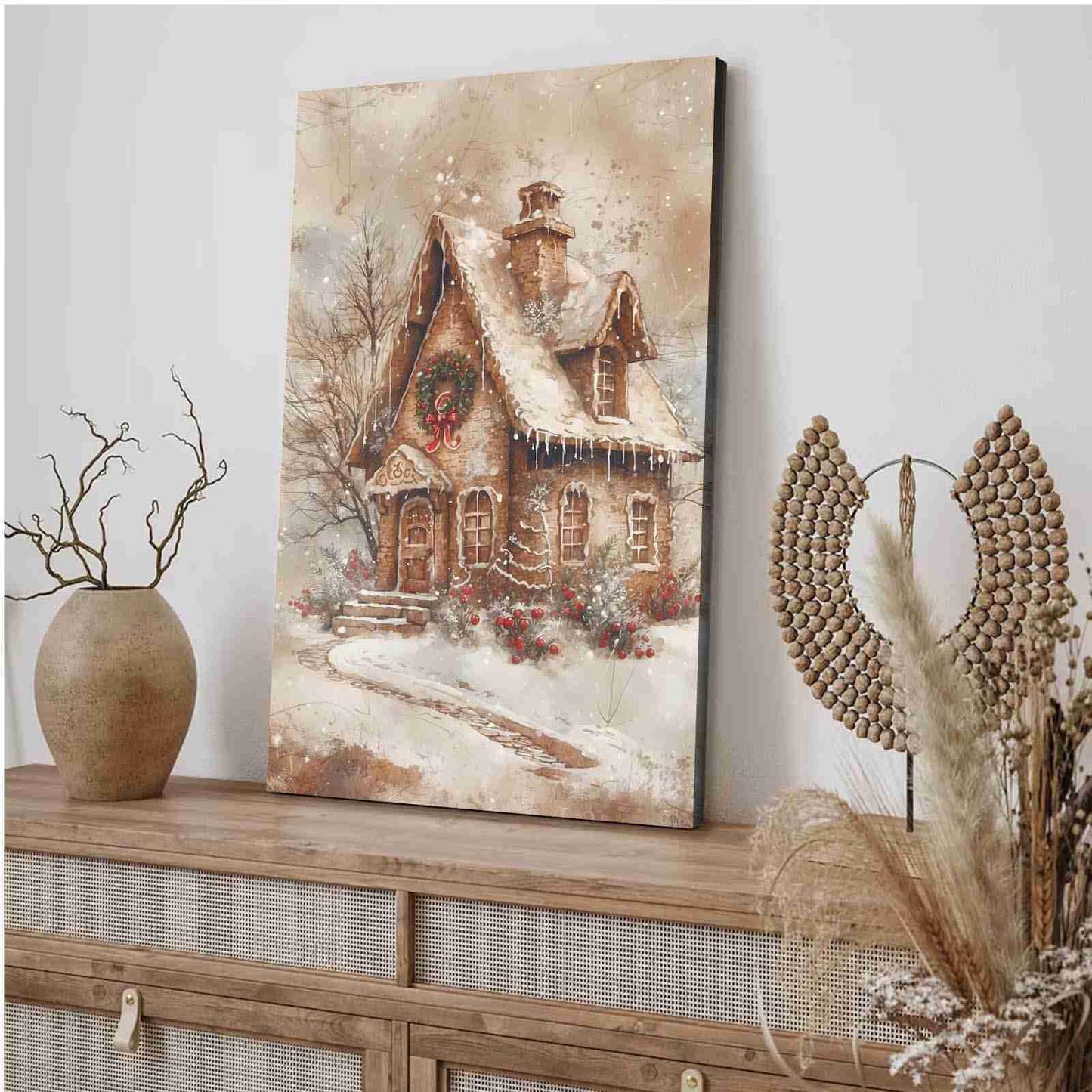 Framed Canvas Wall Art Home decor Winter Gingerbread House Traditional Christmas Print Festive Artwork Wall Decor canvas print poster 8x12in Wood Framed