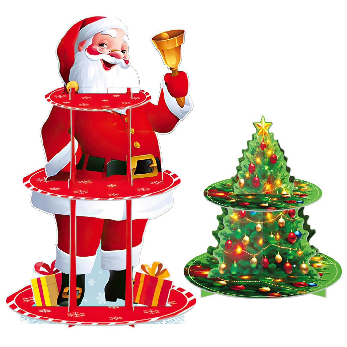 PRATIQUE 2Pcs Christmas Cake Stand Set with Santa & Tree,3-Tier Dessert Display Tower and Santa with Bell Ornament, Rustic Xmas Party Centerpiece for Holiday Cupcakes, Candy, Hot Cocoa Bar Decor