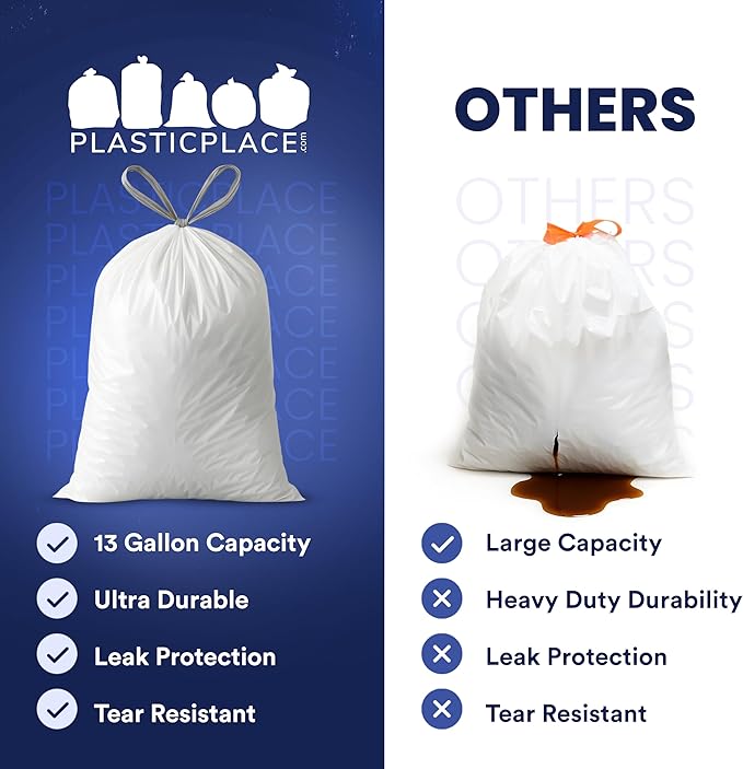 Plasticplace 13 Gallon Trash Bags │ 0.9 Mil │ White Tall Garbage Can Liners │