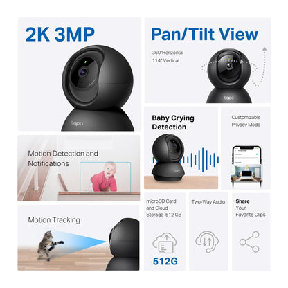 Tapo C211 2K 3MP Pan/Tilt Indoor Camera House Security Camera, WiFi Camera, No Monthly Fee, AI Detection, Dog Camera, Baby Camera Monitor, CCTV, 360° View, Night Vision, Works with Alexa & Google