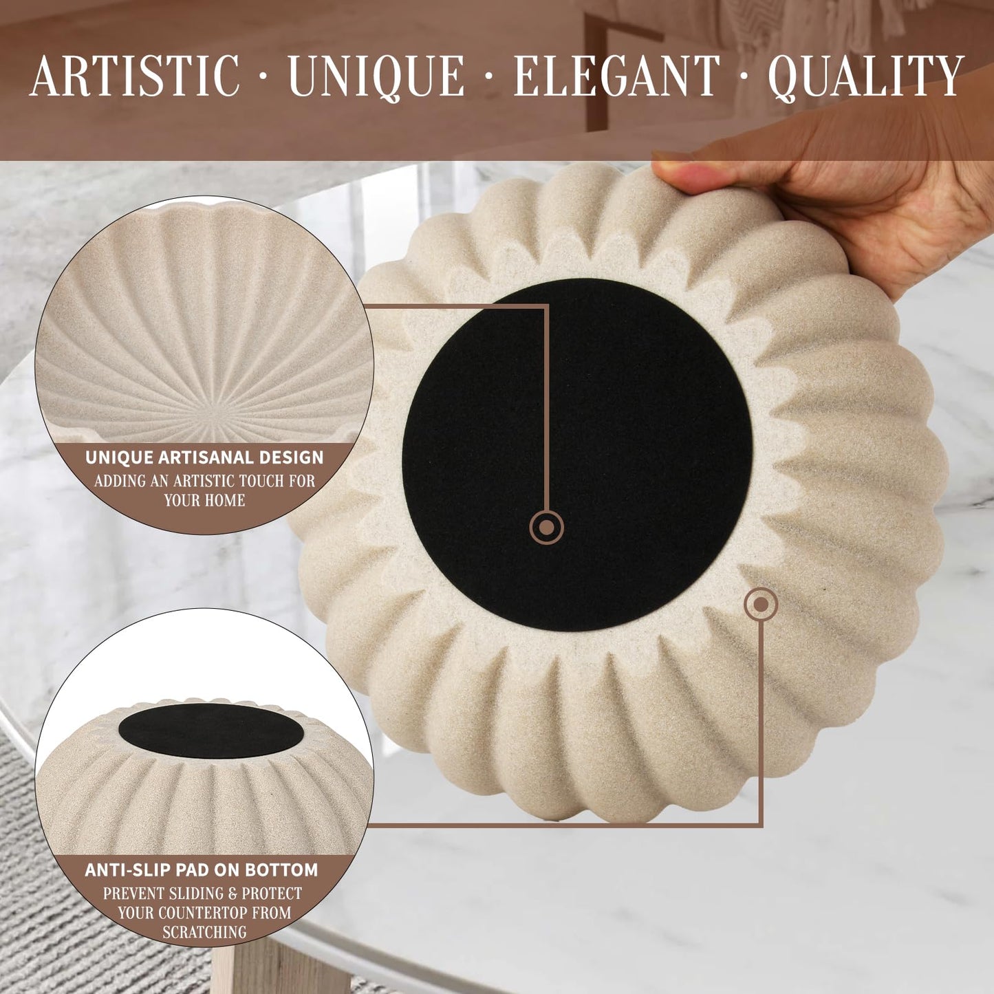 L'ARL GMVOI Large Decorative Bowl - Modern Handicraft Bowls for Home Decor - Fruit Bowl for Kitchen Counter - Key Bowl for Entryway Table - Ruffle Centerpiece Bowl Decor,Artificial Stone Beige