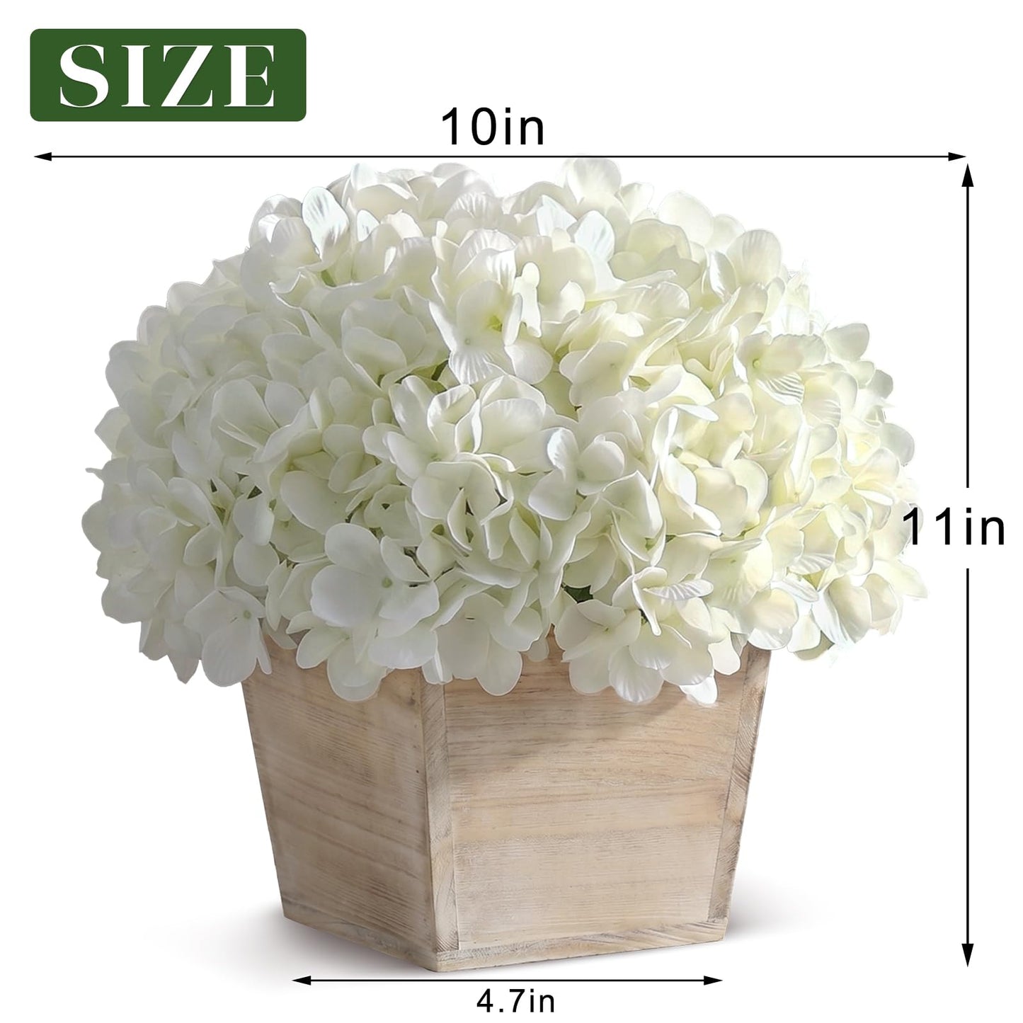 YXZZWL 10" Artificial Hydrangea Arrangement in Planter for Table Centerpiece, Lifelike Fake Hydrangea Potted Plant, Silk Faux Flowers in Wood Planter for Farmhouse Home Office Shower Decor (White)