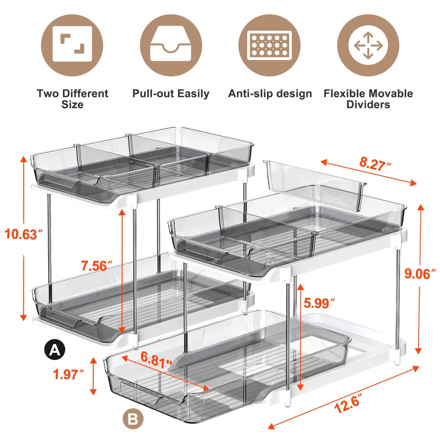 Delamu 2-Tier Multi-Purpose Bathroom Under Sink Organizers and Storage, Stackable Kitchen Pantry Organization, Pull Out Medicine Cabinet Organizer with Movable Dividers, White, 2 Pack