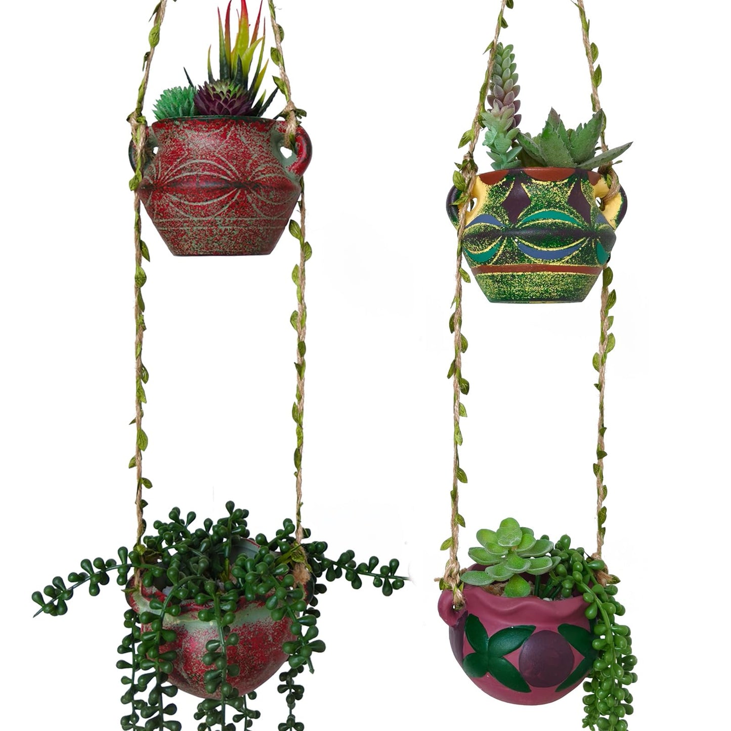 qumHmup Ceramic Hanging Planters, Set of 4 Pots with Drainage Holes,Boho Indoor Outdoor Planter for Succulents