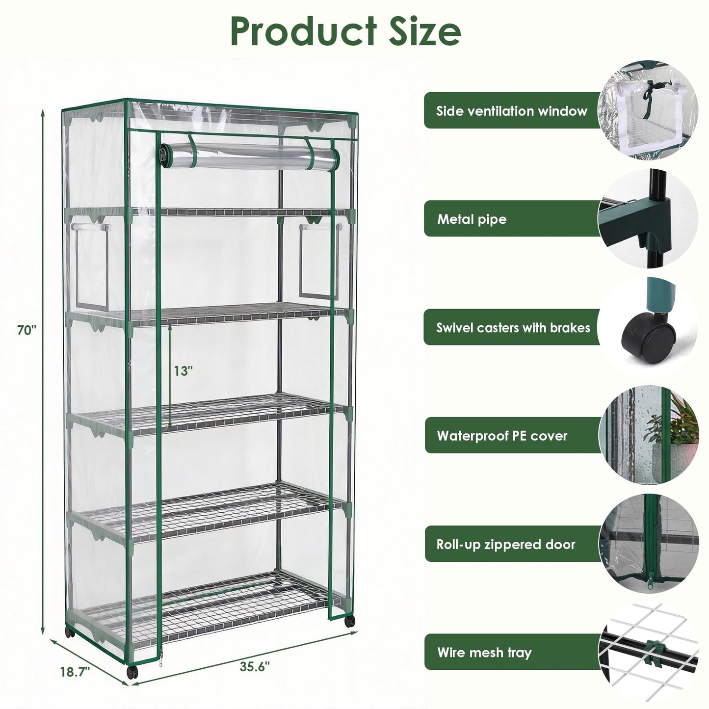 Indoor Greenhouse with Grow Lights & Wheels, 5 Tier Wire Shelf PVC Tent Portable Mini Green House Cabinet Kit for Plant Seed Starting Mushroom Grow