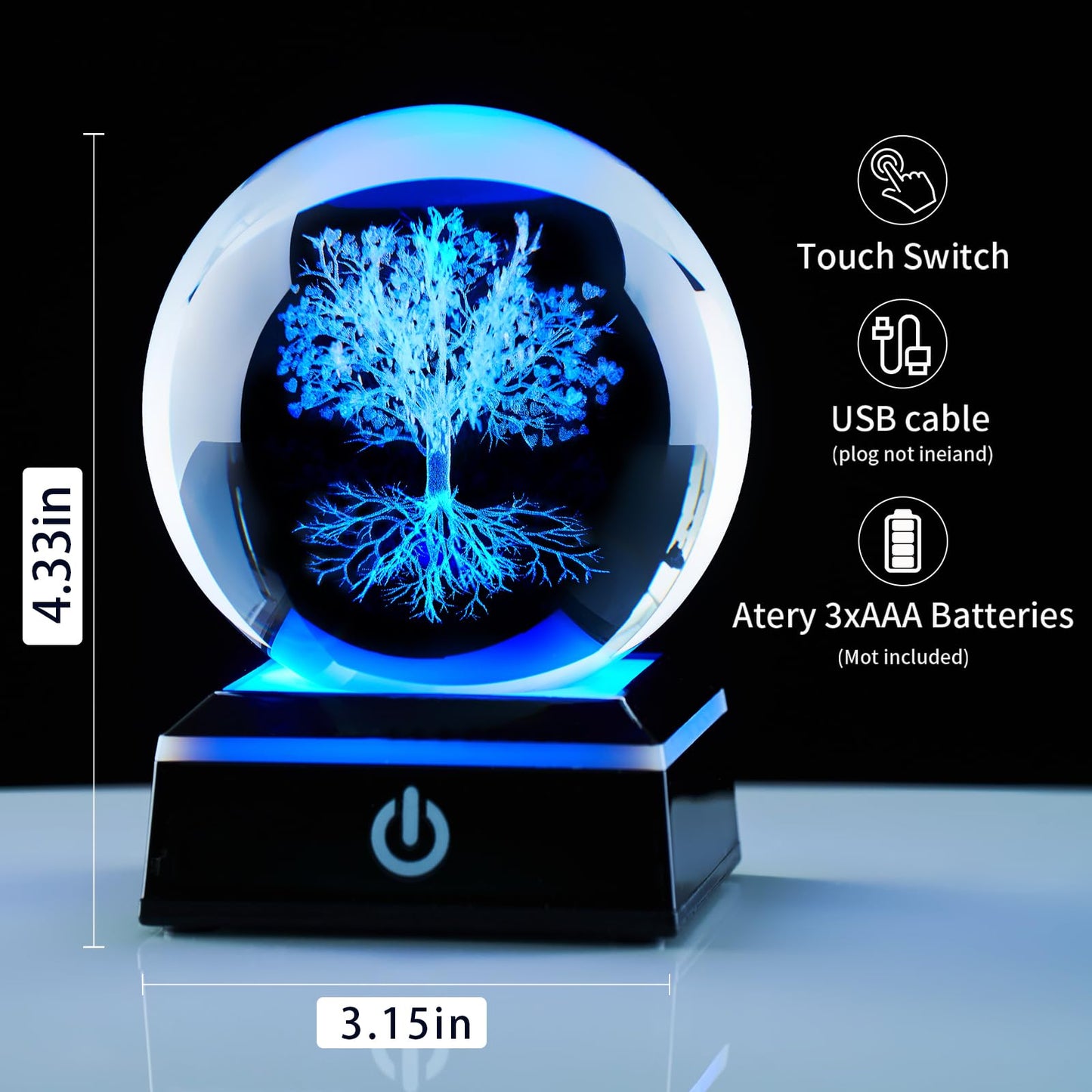 Zerelys 3D Tree of Life Crystal Ball Night Light for Boys Girls, 3.15 Inch LED Crystal Lamp, Birthday Gift for Kids, Bedroom Decor with Gift Box(Tree of Life)
