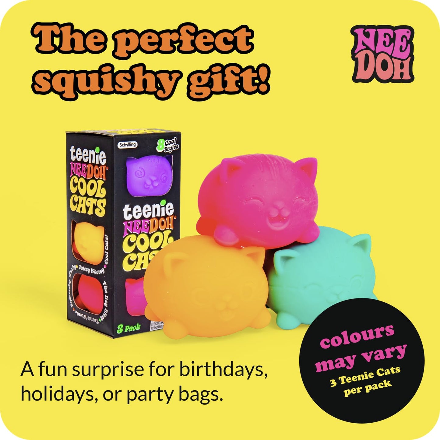Schylling NeeDoh Teenie Cool Cat - Sensory Squeeze Toy - Contains 3 Mini Groovy Globs - 1.5" Wide - Color May Vary (Pack of 1)