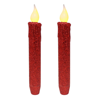 CVHOMEDECO. Glitter Flameless Candles Flickering Battery Operated LED Taper Candles with Timer for Home, Wedding, Halloween, Christmas Decor. Red, 6-3/4 Inch, Set of 2
