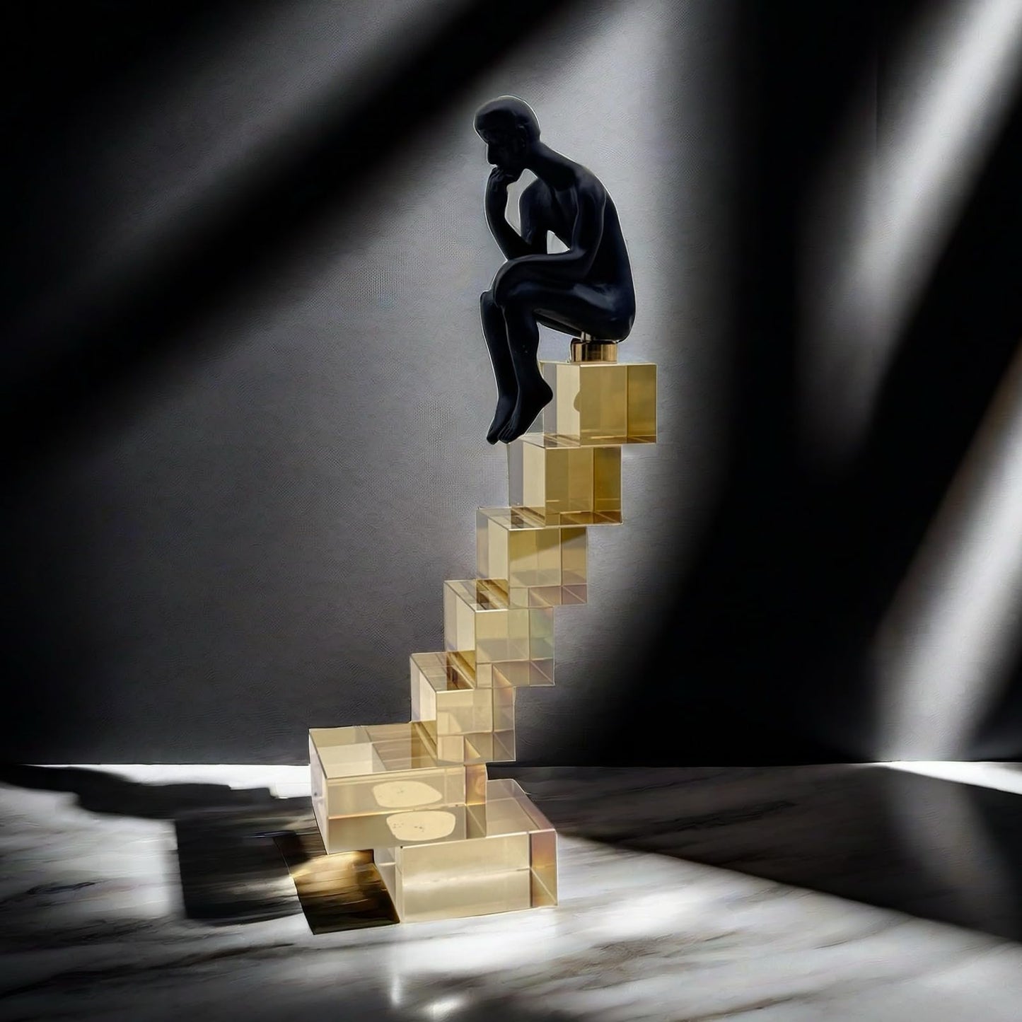FUNSXBUG 12 Inch The Thinker Statue Thinking Man Statues Sitting on Crystal Glass Stairs Sculptures Collectible Figurine Home Decor Living Room Decoration