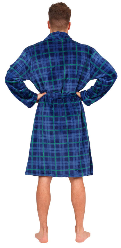 Adore Home Mens Soft Warm Flannel Fleece Bathrobe Mens Dressing Gown Shawl Collar, Check Blue, L-XL