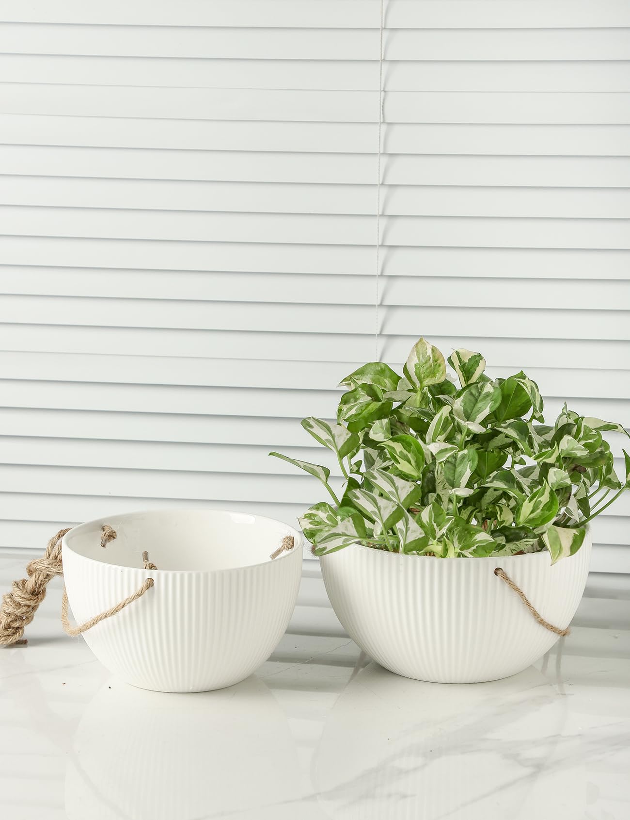 UBEE Ceramic Hanging Planters Indoor Outdoor, 7.5 Inch + 6.5 Inch Hanging Flower Pot for Plants Hanging Basket for Succulent Pothos Herbs Window Home Decor, 2 Pack, White