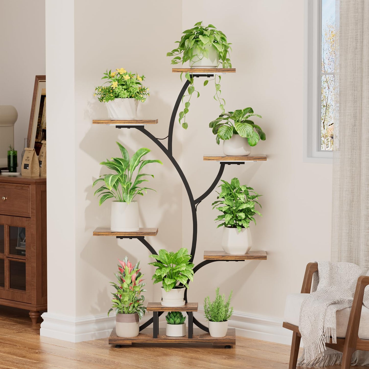 Yzosvki Plant Stand Indoor with Grow Lights, 6 Tiered Large Plant Shelf Flower Stand, Tall Plant Shelves for Living Room, Patio, Corner, Heavy Duty, Rustic Brown and Black
