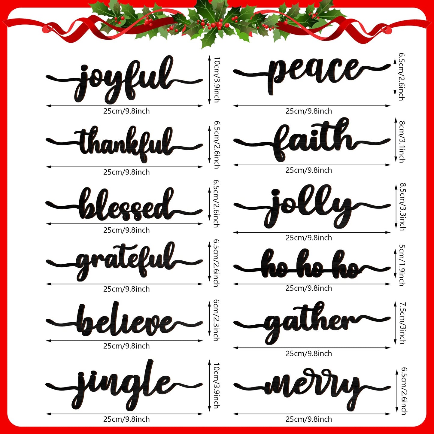 12 Pieces Christmas Word Wood Cutout Joyful Merry Thankful Grateful Blessed Peace Gather Word Sign Christmas Plate Cutout Rustic Merry Signs for Home Table Plate Decoration